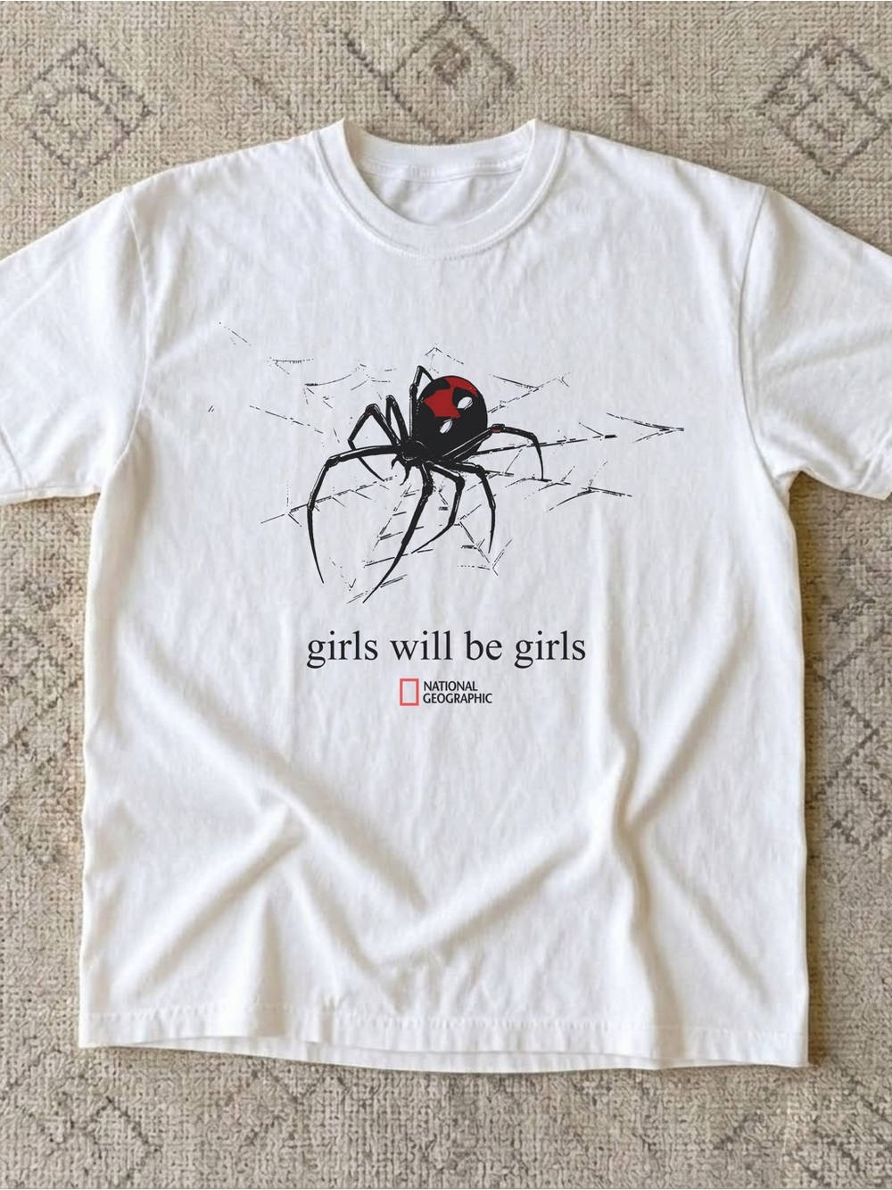 “Girls Will Be Girls” National Geographic White Tee with Spider Graphic